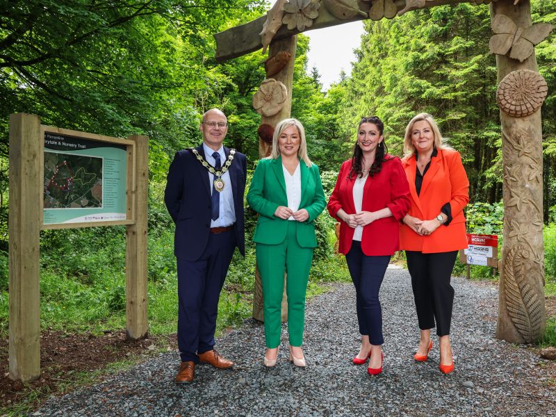 Chair of Mid Ulster District Council, Councillor Dominic Molloy, First Minister Michelle O'Neill, Deputy First Minister Emma Little-Pengelly, SEUPB CEO Gina McIntyre