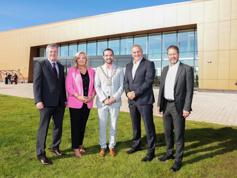 Pictured at the official opening of the Black Mountain Shared Space today (18 September 2024) are (l-r): Kieran Moylan from the Department of Rural and Community Development, Gina McIntyre from SEUPB, Lord Mayor Councillor Micky Murray, Paul Millar from Black Mountain Shared Space and John Smith from the Department for Communities.