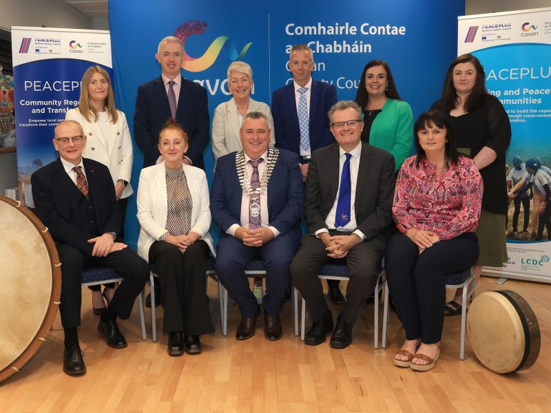 Front row (From left): Paul Beattie, Managing Authority Director SEUPB, Linda Sheridan, Assistant Principal Department of Rural and Community Development; T.P. Reilly Cathaoirleach Cavan County Council, Eoin Doyle, Chief Executive, Cavan County Council and Rosie Smith, Department of Rural and Community Development. Back row (From left): Kenda Keatley, Brendan Jennings, Jane Crudden, John Donohoe, Noreen Sudbury, Claire Johnston. Photo: Adrian Donohoe.