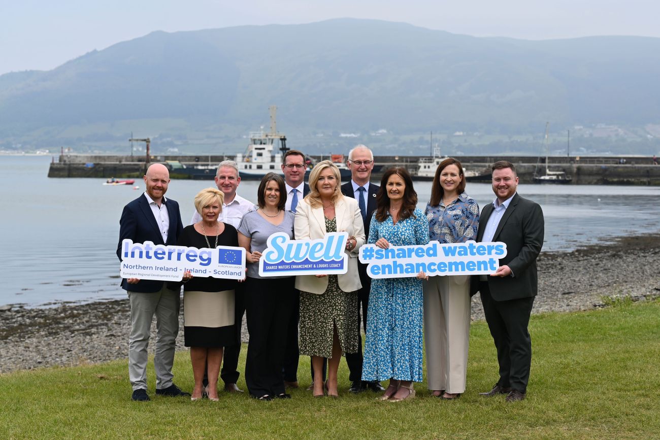 Pictured (left-right are) Barra Best, BBC NI, Pamela Arthurs, CEO, EBR, Ewan Hunter, Head of Fisheries, AFBI, Averil Gannon, DHLGH, Ciarán McGonigle, Director, Aquaculture & Shellfisheries, Loughs Agency, Gina McIntyre, CEO, SEUPB, Paul Harper, Director, Asset Delivery, NI Water, Tracey Teague, Deputy Secretary, Environment, Marine & Fisheries, DAERA, Eleanor Roche, Head of Environmental Regulation & Compliance, Uisce Éireann and Kevin Stewart, DHLGH.