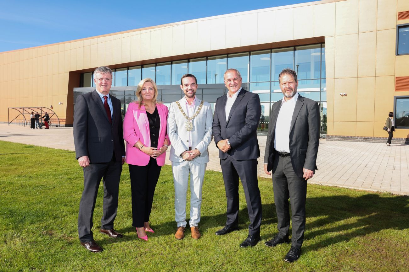 Pictured at the official opening of the Black Mountain Shared Space today (18 September 2024) are (l-r): Kieran Moylan from the Department of Rural and Community Development, Gina McIntyre from SEUPB, Lord Mayor Councillor Micky Murray, Paul Millar from Black Mountain Shared Space and John Smith from the Department for Communities.