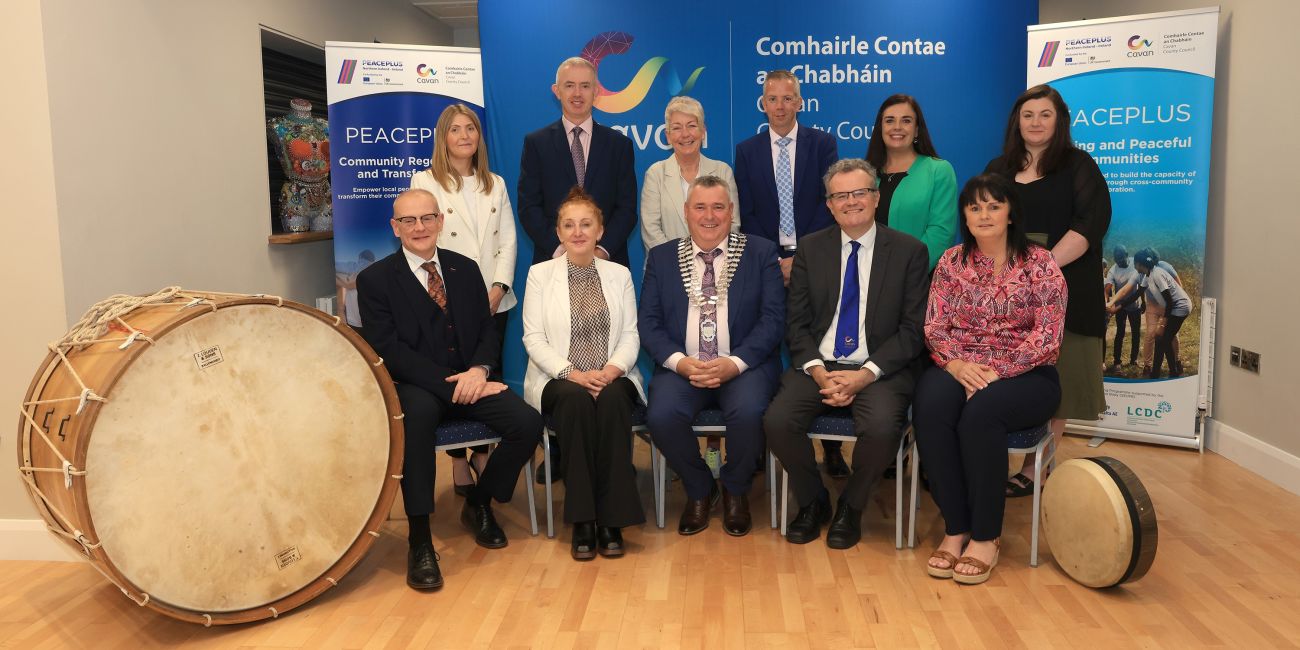 Front row (From left): Paul Beattie, Managing Authority Director SEUPB, Linda Sheridan, Assistant Principal Department of Rural and Community Development; T.P. Reilly Cathaoirleach Cavan County Council, Eoin Doyle, Chief Executive, Cavan County Council and Rosie Sm7th, Department of Rural and Community Development. Back row (From left): Kenda Keatley, Brendan Jennings, Jane Crudden, John Donohoe, Noreen Sudbury, Claire Johnston. Photo: Adrian Donohoe.